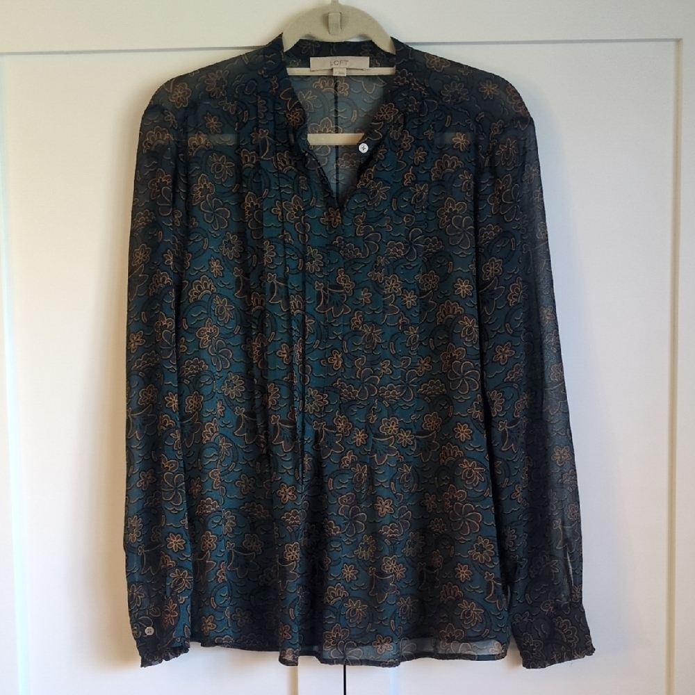 LOFT | Teal and Gold Floral Pleated Blouse | Size M